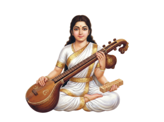 Goddess saraswati seated gracefully holding veena