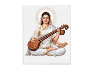 Goddess saraswati seated gracefully holding veena