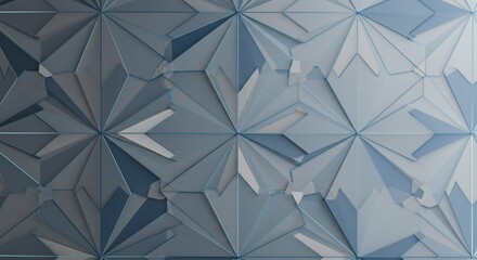 繊細で複雑な多角形が織りなす青とグレーの立体的な幾何学模様柔らかな光を美しく反射し深みのある奥行きを生み出すクールで現代的な壁の背景デザインテクスチャ. AI Generated