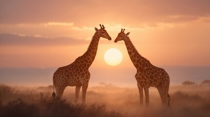 Two giraffes silhouetted against golden sunset sky in African savanna landscape, romantic wildlife scene with warm orange glow and misty atmosphere, nature and conservation theme