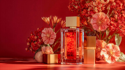 Luxury perfume bottle with golden cap surrounded by vibrant red and coral flowers against rich crimson background for elegant beauty product display