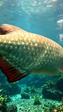Arapaima Gigas Swimming Underwater Close Up View
