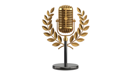 Luxury golden vintage microphone with laurel wreath for music awards and broadcast recognition isolated PNG with Transparent Background