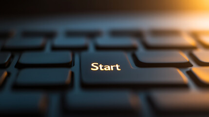 Close-up of a keyboard with the "Start" key illuminated in a warm glow, symbolizing beginnings, motivation, and technological advancements in a minimalist style.