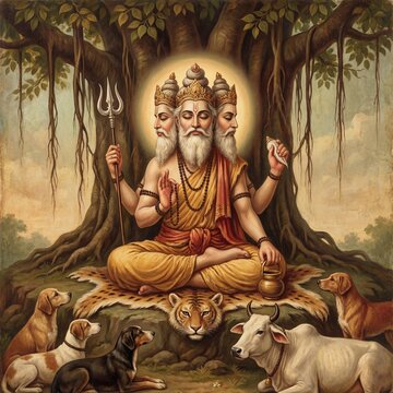 lord dattatreya shown with three calm faces representing brahma, vishnu and mahesh