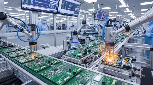 Automated assembly line creating circuit boards in high-tech factory