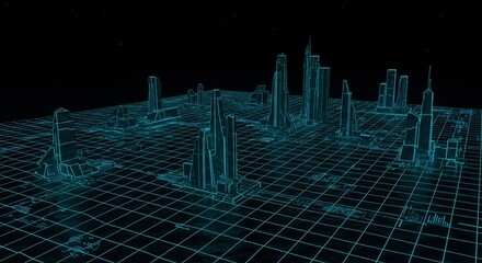 漆黒の闇夜に青く輝く無数の光線が交錯しワイヤーフレームで描かれた未来都市が幻想的に浮かび上がる精密なデジタルグリッドが高層ビル群の間に広がりデータと情報が駆け巡るサイバー空間の概念図. AI Generated