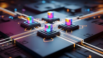 Microchip circuit board with rainbow colorful connections
