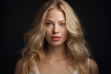Fototapeta premium Young woman with flowing blonde hair against a dark background