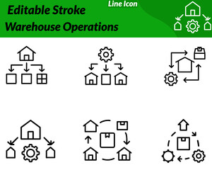 Fototapeta premium A modern warehouse operations icon. Featuring a storage building with stacked boxes shelves pallets. Combined with simple arrows to indicate movement and logistics. Designed with clean minimal lines.