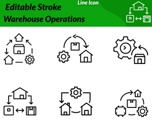 Fototapeta premium A modern warehouse operations icon. Featuring a storage building with stacked boxes shelves pallets. Combined with simple arrows to indicate movement and logistics. Designed with clean minimal lines.