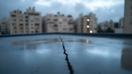 Rainy rooftop scene with cracked surface and blurred city backdrop, showcasing urban texture and somber atmosphere. Focus on detail, muted colors, and atmospheric effect.