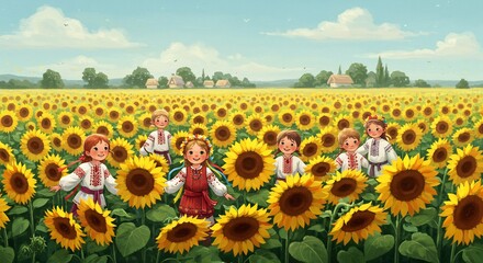 Obraz premium 陽光輝く広大なひまわり畑に民族衣装の子供たちが集い無邪気な笑顔が弾ける鮮やかで喜びに満ちた夏の情景. AI Generated