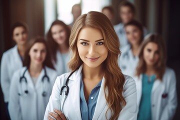 Confident female doctor smiling with arms crossed, leading a diverse team of healthcare professionals, showcasing expertise and teamwork in a modern hospital setting
