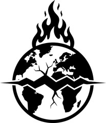 Earth globe in a fire with a crack across its surface. Planet in danger and global warming concept. Black and white vector illustration for print, banner, icon, poster