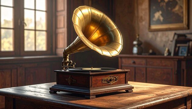 vintage gramophone on old wooden table