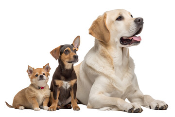 Dogs of different sizes sitting and lying together. Realistic group portrait of small, medium, and large dogs isolated on transparent background.