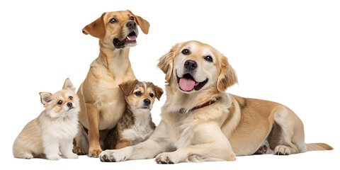 Dogs of different sizes sitting and lying together. Realistic group portrait of small, medium, and large dogs isolated on transparent background.