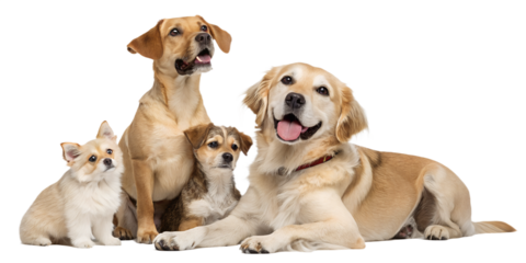 Dogs of different sizes sitting and lying together. Realistic group portrait of small, medium, and large dogs isolated on transparent background.