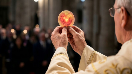 Catholic Eucharist at Consecration Symbolizing the Mystery of Transubstantiation