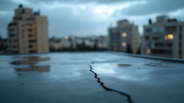 A crack runs across a wet, grey surface, possibly a rooftop, with blurred buildings in the background under a cloudy sky. Moody, urban, and slightly ominous.