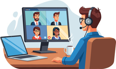 Fototapeta premium Vector Illustration of a Man in a Headset Attending a Multi-Person Video Conference or Virtual Team Meeting from his Home Office.