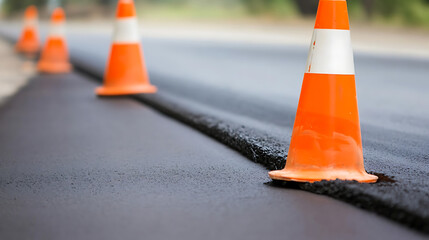 Safety cones mark a roadwork area, ensuring drivers are aware of ongoing construction. The cones signal a need for caution and reduced speed in the vicinity.