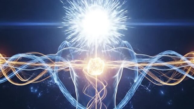 Brilliant energy flows into human silhouette visualizing healing science