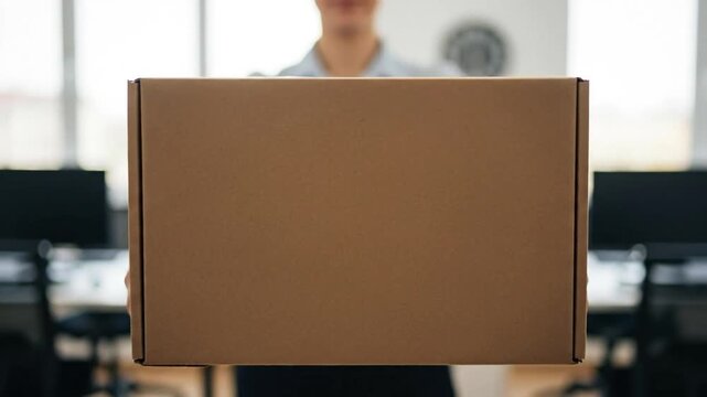 Businessman Delivery Office Package Neutral Background Male Hands Holding Cardboard Box - Powered by Adobe