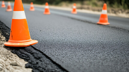 Road construction zone with orange traffic cones lined on newly paved road. The fresh black asphalt shines while marking progress & ensuring safety. Cones indicate ongoing work.