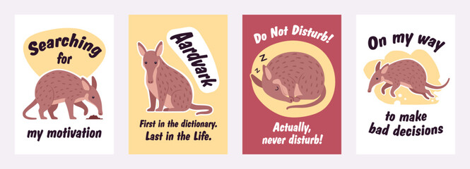 Cute aardvark slogan poster set. Inspirational quotes, T-shirt printing, motivational copybook covers ready design, creative typography, tote bag, picture decor and promotion. Vector illustration
