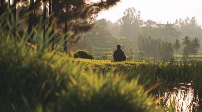 Seorang pria tenang bermeditasi di tengah lanskap hijau yang subur saat matahari terbit.