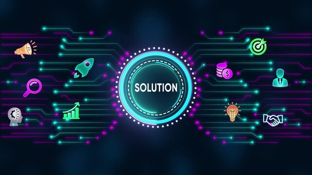 Digital circuit board with vibrant neon lines and icons depicting business solutions and problem-solving