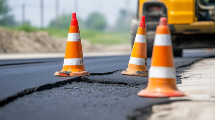Roadwork in progress, marked by vibrant safety cones placed along the newly paved asphalt, signaling caution during construction for vehicles and pedestrians on city streets.