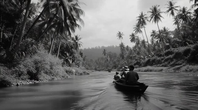 Para pria mendayung perahu menyusuri sungai tropis yang tenang.