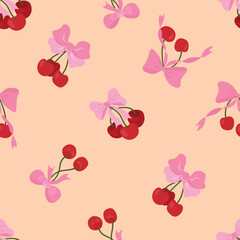 Seamless Pattern of Cherries and Pink Bows. Endless textures for your design.	