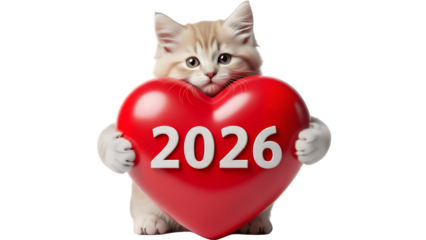 Cute cat holding a heart with 2026 written on it, Valentine's Day and New Year concept