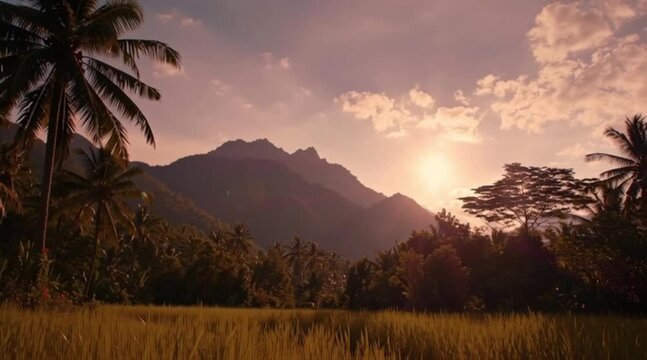 Pemandangan tropis yang tenang dengan pohon palem saat matahari terbenam.
