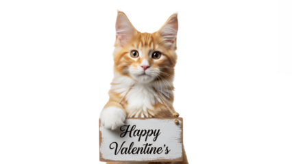 Adorable orange cat holding Happy Valentine's Day sign on black background with cute expression