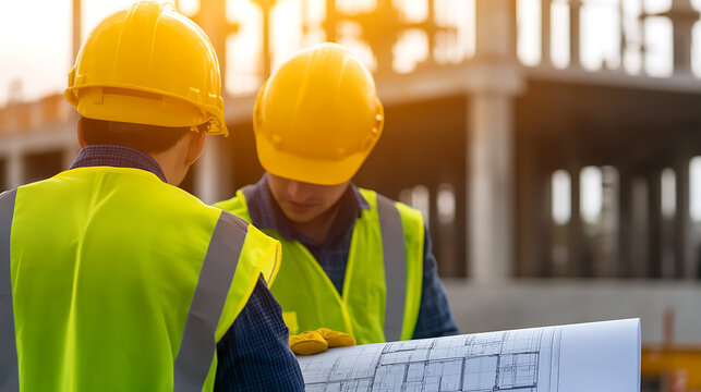 Two construction workers collaborate on-site, reviewing architectural blueprints against a backdrop of ongoing building construction. Safety helmets & vests ensure compliance. - Powered by Adobe