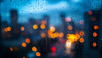 raindrops on a window with city lights in the background.