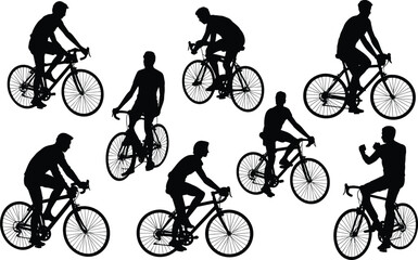Fototapeta premium Black silhouette cyclist set men riding road bicycles side view vector illustration sport fitness race competition design graphic element isolated