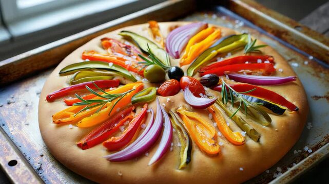 Focaccia garden art with colorful vegetable petals on sheet pan, edible flowers herb topping arranged like floral wreath, home baking flat lay of garden bread with sea salt rosemary, oven