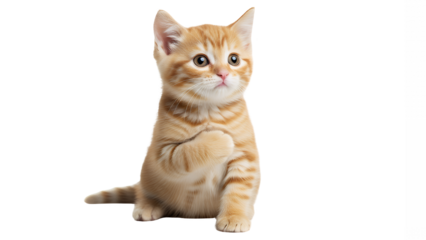 Adorable orange tabby kitten sitting on black background with curious expression and playful posture