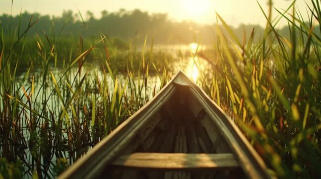 Perjalanan kano yang tenang menyusuri perairan berumput hijau tinggi saat matahari terbenam.