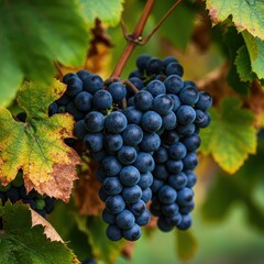 A close-up view of abundant dark purple grapes ready for harvest, hanging heavily from the vine amidst fading green and golden autumn leaves, hanging, agriculture, garden