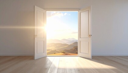 Obraz premium Open doorway revealing a sunlit landscape with rolling hills