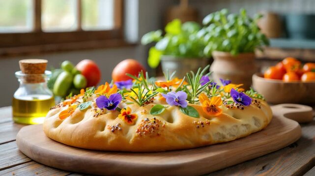 Golden baked focaccia decorated with edible flowers and fresh herbs wooden board, artistic garden style bread home baking inspiration, rustic Italian cuisine, creative food styling cozy atmosphere