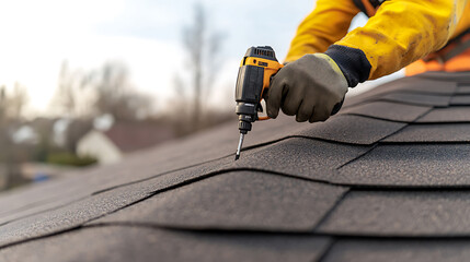 A worker installs new asphalt shingles on a rooftop using a power drill, ensuring a secure and weather-resistant surface for the building, maintaining structural integrity.