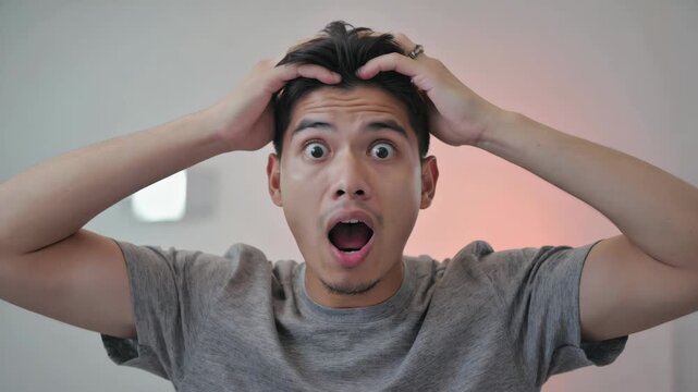 A man with his hands on his head and a shocked facial expression.